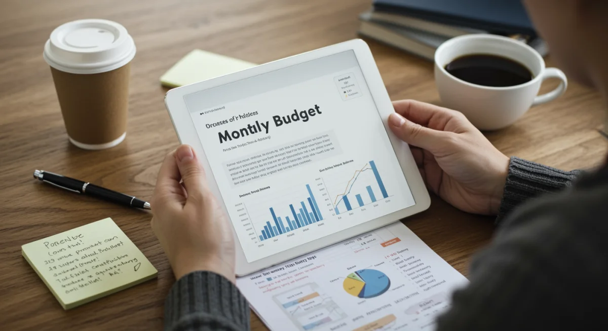 Person reviewing monthly budget on a tablet applying the 50/30/20 rule