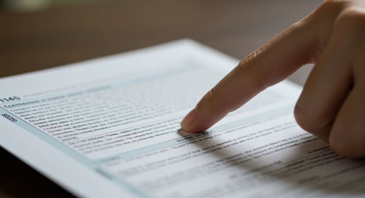 Hand pointing to complex tax document details, emphasizing new IRS regulations for businesses in 2025.