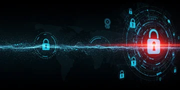 Digital representation of rising cybersecurity threats with a red alert symbol over a network map.