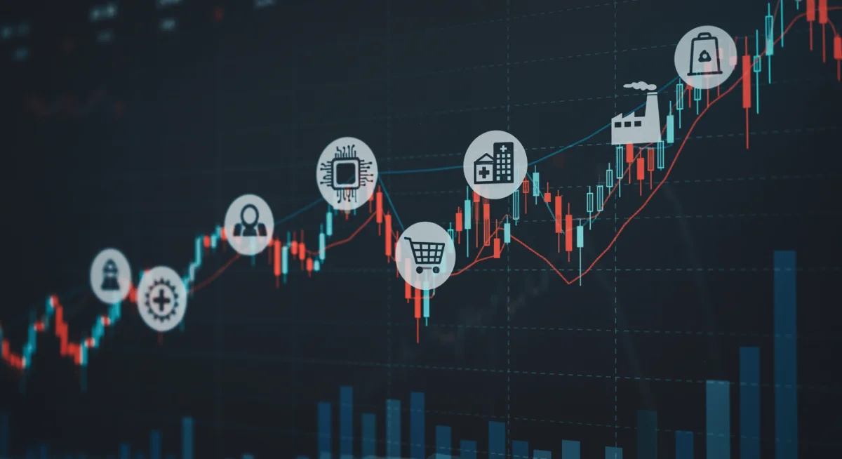 Diverse sector performance illustrated on a stock market chart, reflecting varying economic conditions.
