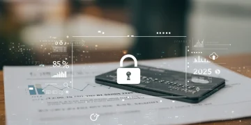 Modern secured credit card with lock icon on financial documents, representing credit building and security