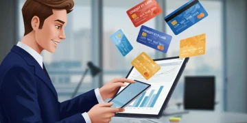 Small business owner analyzing credit card options on a tablet in a modern office setting.