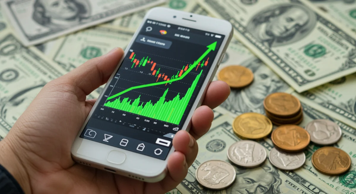Hand holding a smartphone showing a stock market app with upward trending graphs, symbolizing digital investment and growth.