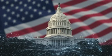 Futuristic digital network representing technology policy debates and innovation in 2025.