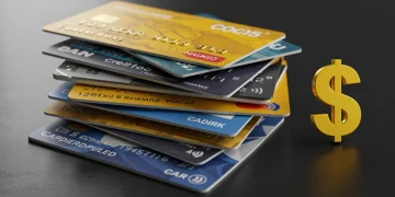 Diverse credit cards with large bonus symbols for 2025, representing lucrative welcome offers.