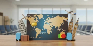 Credit card with world map and travel icons, symbolizing travel rewards.