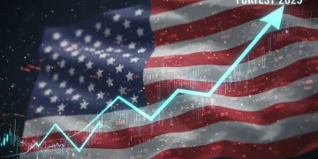 Futuristic financial dashboard showing positive economic growth trends for the US in 2025.