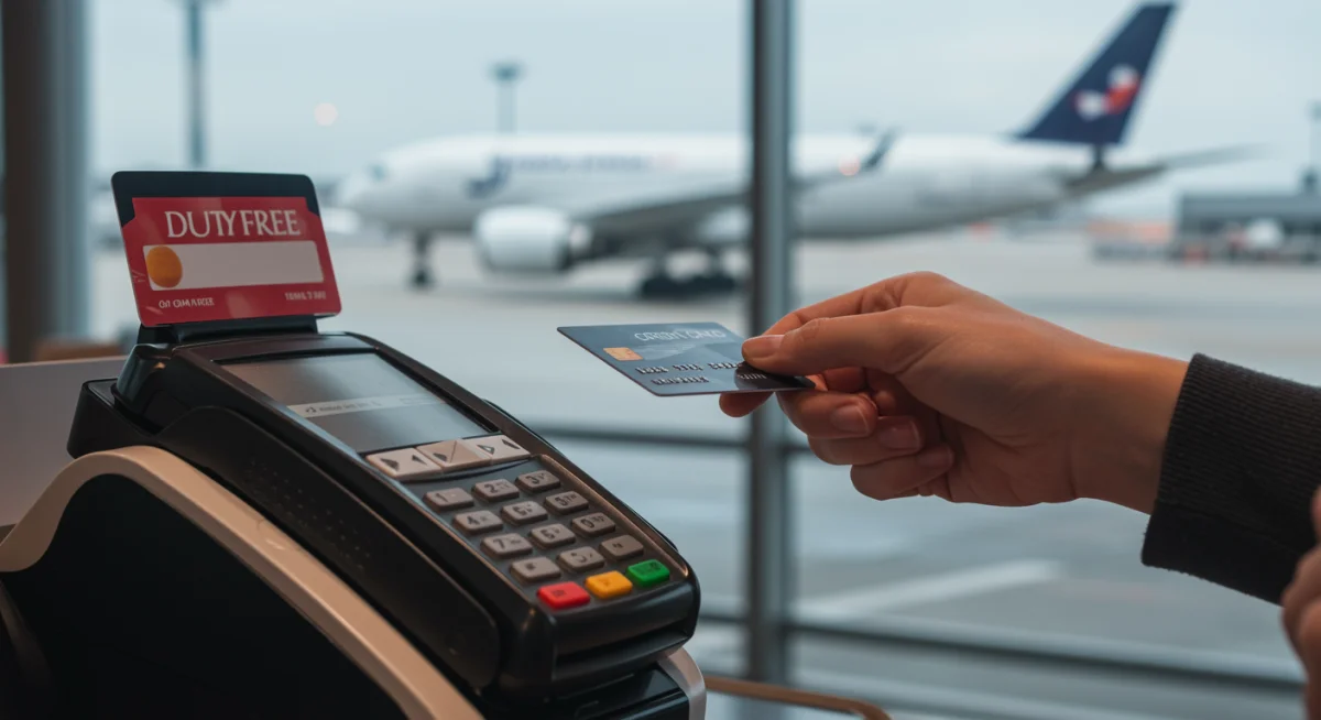Person using a travel rewards credit card at an airport.