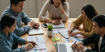 Young adults collaborating on financial planning with laptops and charts.