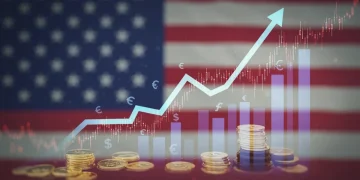 Upward trend lines on a digital financial screen representing US GDP growth forecast for 2025.