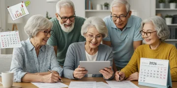Seniors engaged in 2026 retirement planning, reviewing Social Security projections on a tablet.