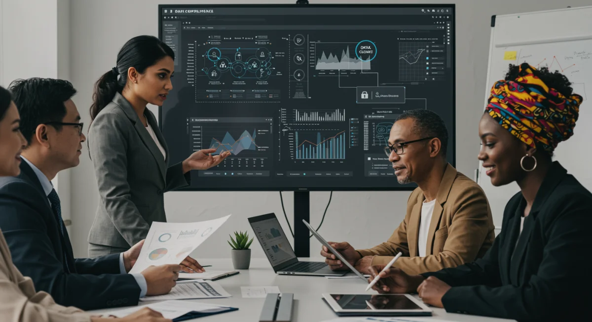 Professionals collaborating on data compliance and cybersecurity strategies in a modern conference room.