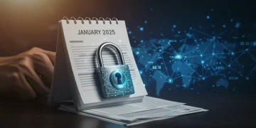 Digital padlock over legal documents with 2025 calendar date, representing new data privacy regulations and security.