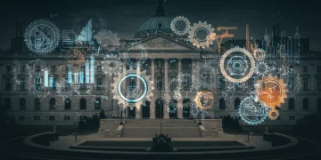 Legislative building with gears symbolizing policy impact on industries