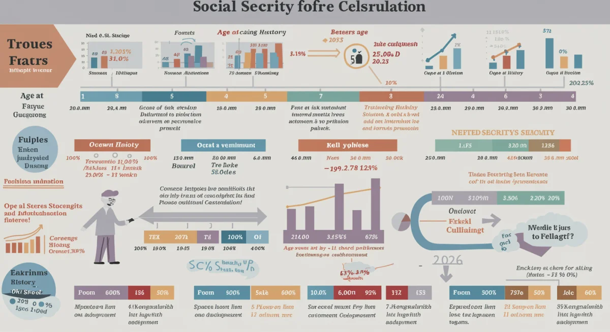 Infographic showing factors affecting Social Security benefit calculations for 2026.