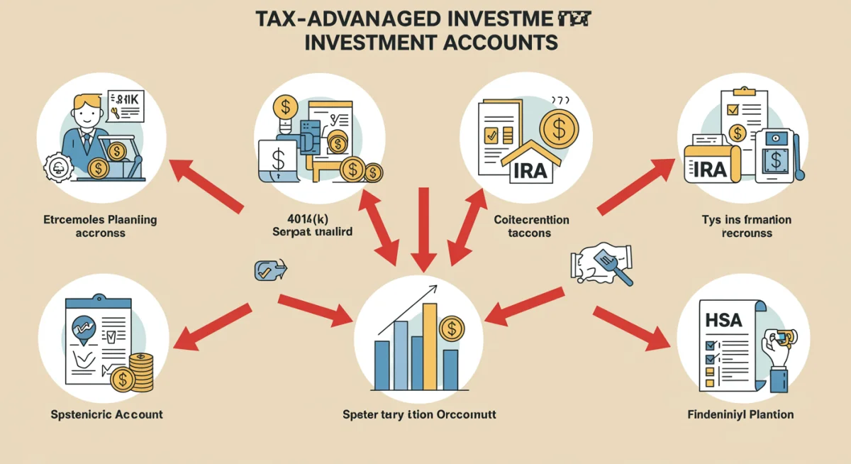 Infographic detailing tax-advantaged investment accounts like 401(k), IRA, HSA for financial planning.