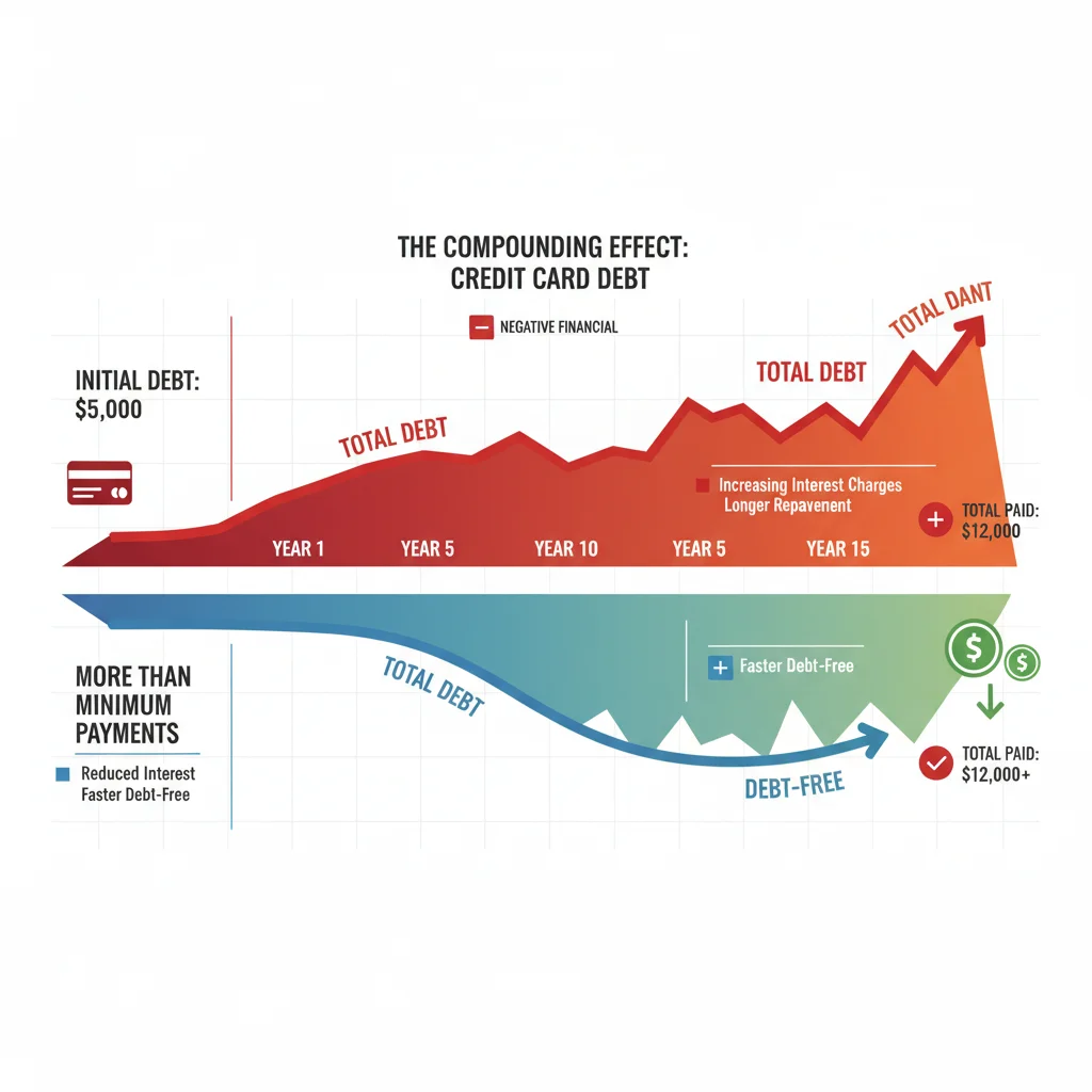 Infographic showing compounding interest on minimum credit card payments over time