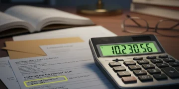 Credit card statement highlighting minimum payment and a calculator showing high total cost