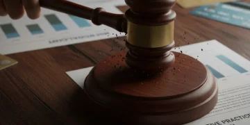 Gavel on desk with credit cards, symbolizing Justice Department investigation