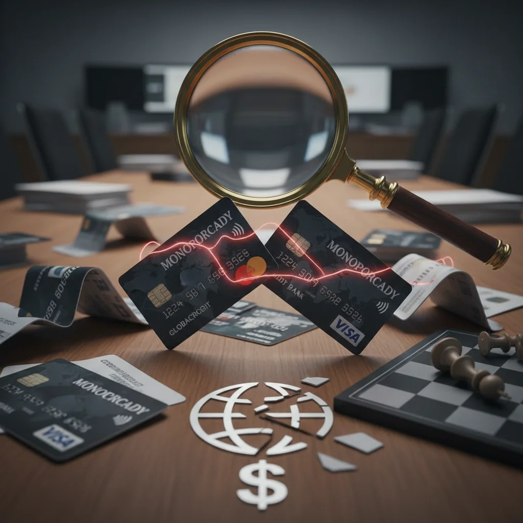 Credit cards on a table under a magnifying glass, representing market competition and scrutiny