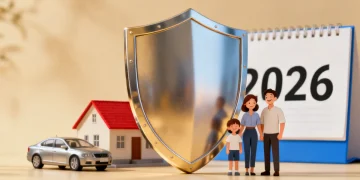 Shield safeguarding diverse assets including a home, vehicle, and family, with '2026' visible, representing future financial protection.