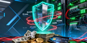 Digital shield protecting financial assets from cyber threats in 2026.