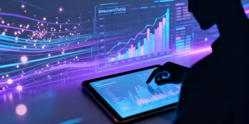 Futuristic digital investment portfolio on tablet with financial data streams.