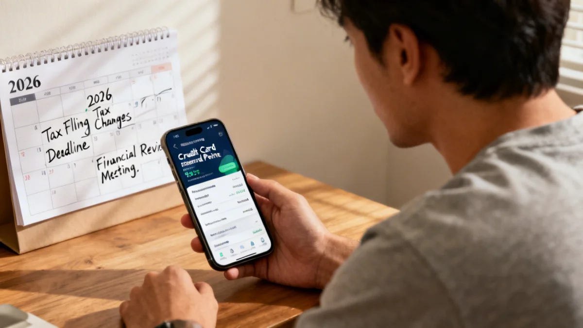 Person reviewing credit card rewards on phone, planning for 2026 tax changes.