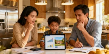 Parents and child reviewing college savings plan on tablet