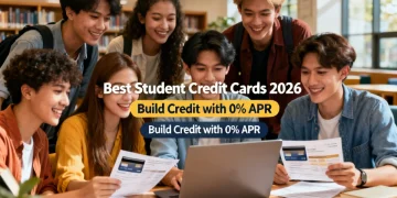 Students reviewing credit card offers on a laptop, focusing on 0% APR and credit building