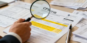 Detailed credit card statement with magnifying glass, symbolizing CFPB's new transparency rules.