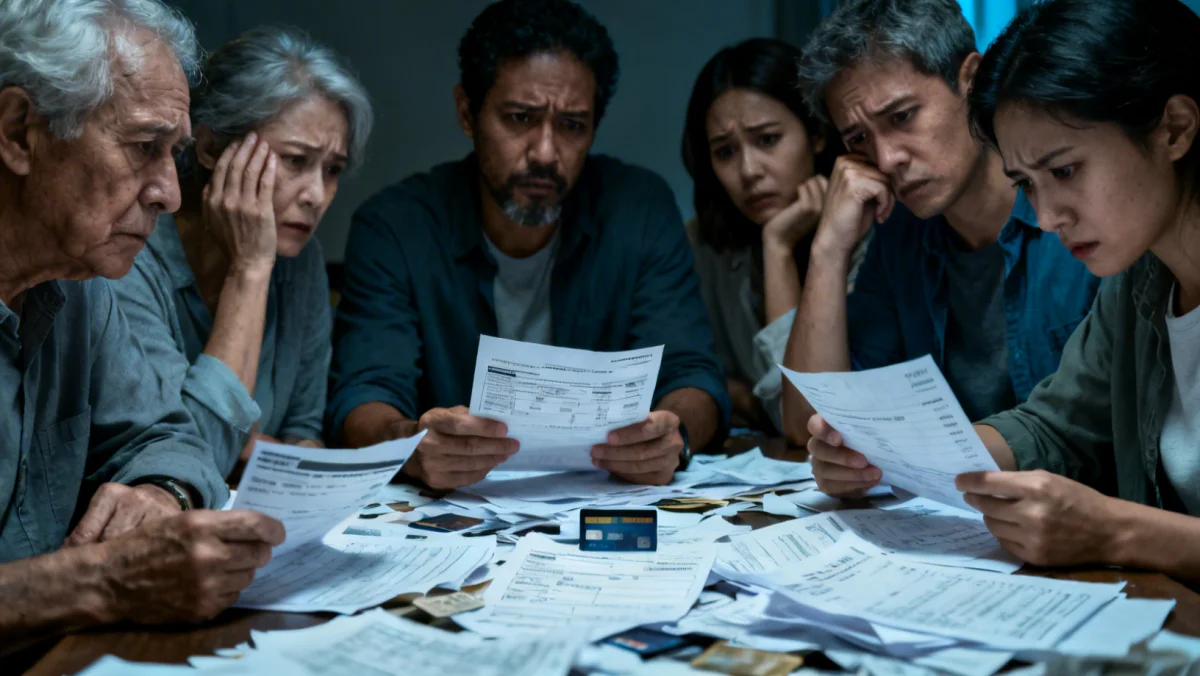 People looking stressed while reviewing financial documents, reflecting credit card debt concerns.