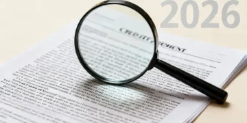Detailed credit card agreement document with magnifying glass for 2026 terms
