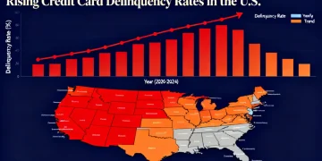 Graph showing rising credit card delinquency rates over a US map with affected states highlighted.