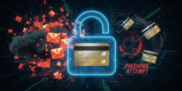 Digital lock protecting a credit card from phishing emails and cyber threats in 2026.