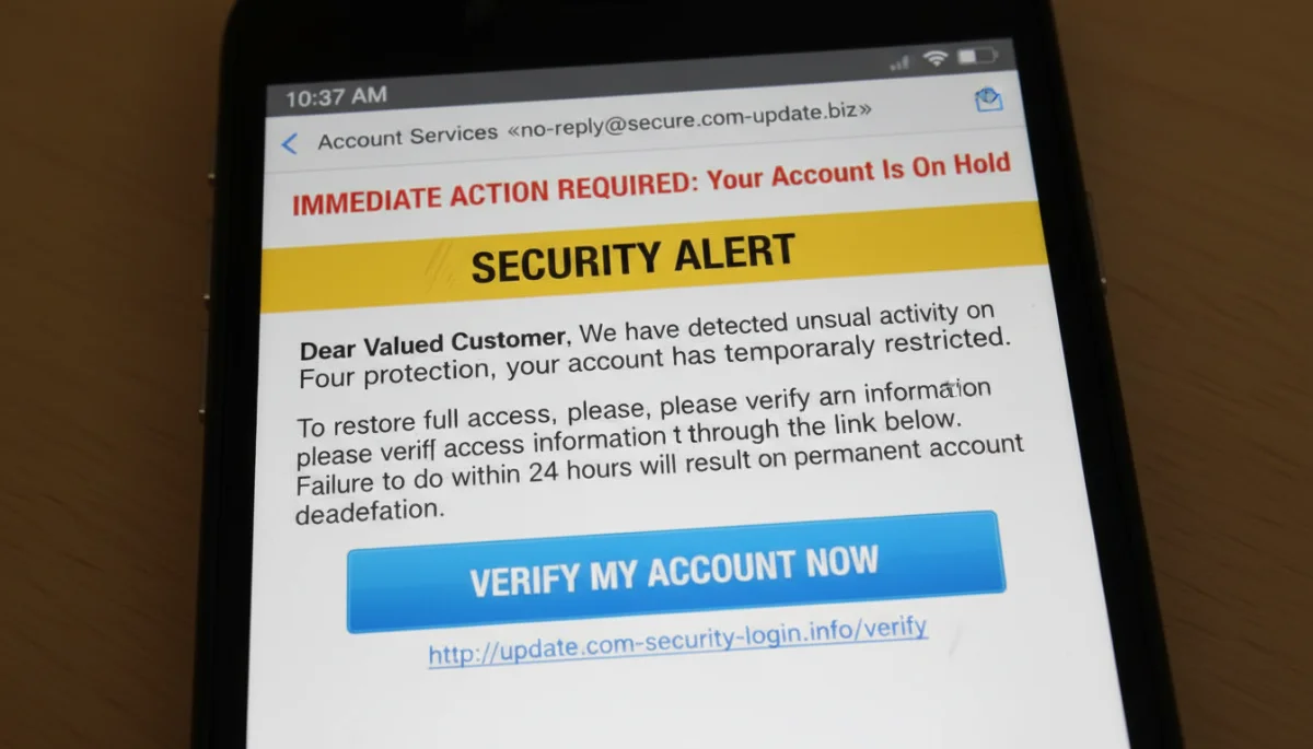 Suspicious email on smartphone screen with phishing indicators and urgent message.