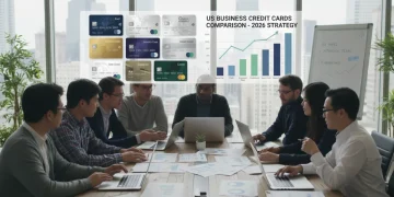 Small business owners comparing US business credit cards on laptops
