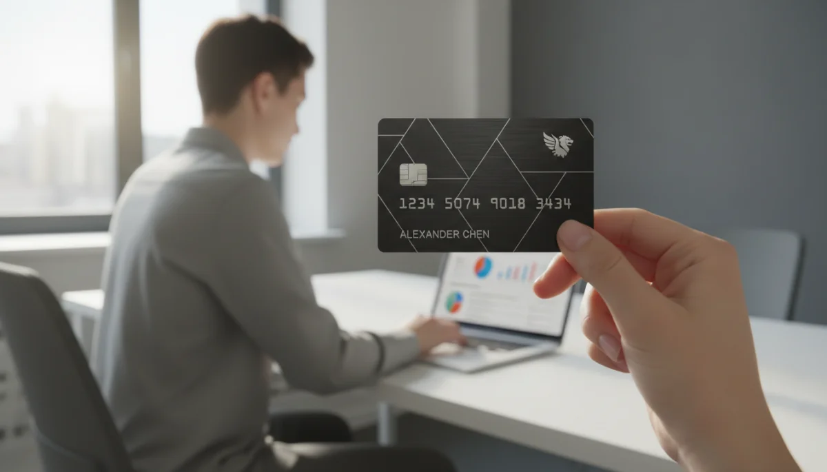 Hand holding a business credit card with financial data on laptop