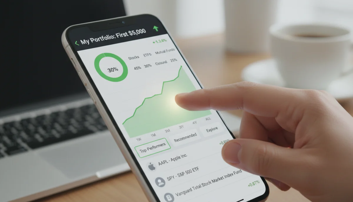 Smartphone displaying investment app with stock charts and various financial instruments.