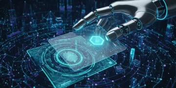 Futuristic credit card with glowing EMV chip being scanned biometrically.