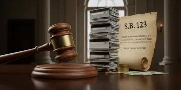 Gavel with credit cards and S.B. 123 bill, symbolizing new late fee cap