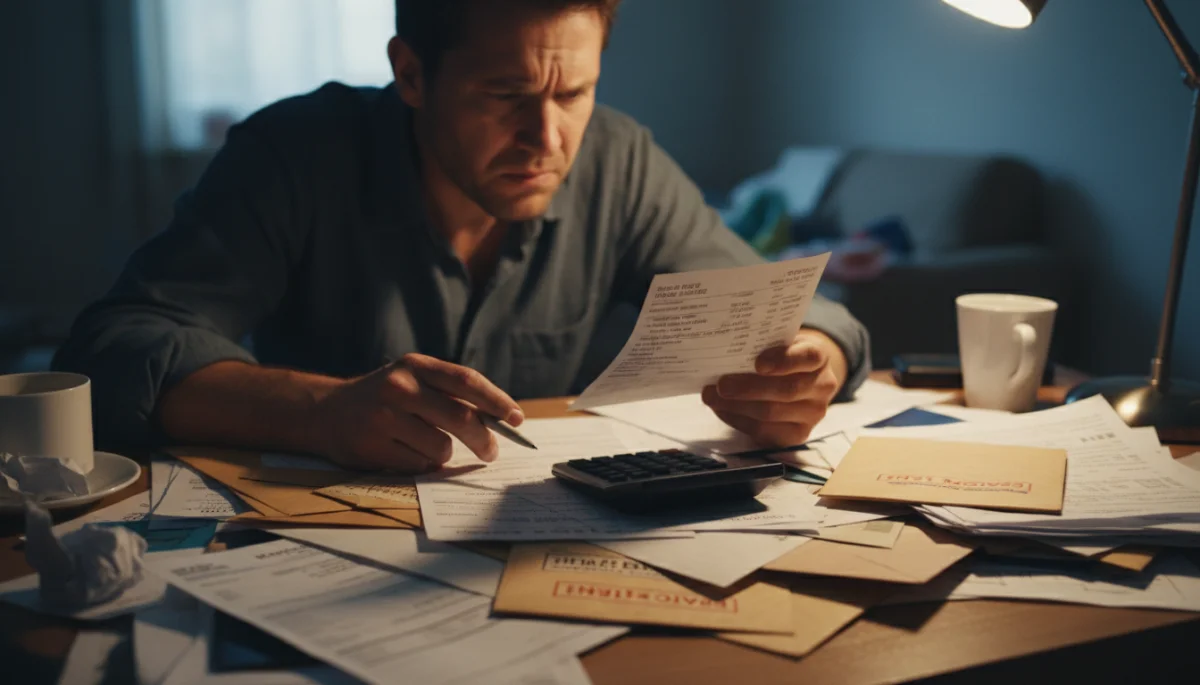 Person stressed looking at credit card statement and bills, symbolizing debt management.