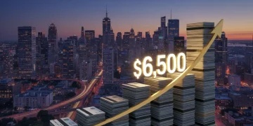 Graph showing rising credit card debt with $6,500 mark, symbolizing US consumer finance.