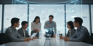 Young professionals discussing investment strategies for their first $5,000 in a modern office.