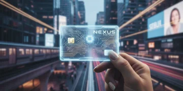 Hand holding credit card against city skyline, symbolizing financial change