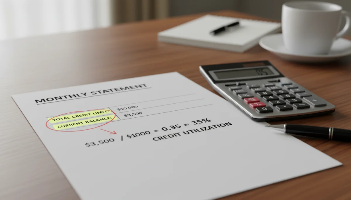 Credit card statement with highlighted balance and limit, calculator, and pen