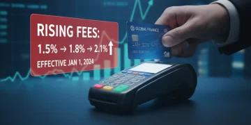 Credit card being used at a terminal, symbolizing transaction fees