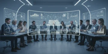 Investors analyzing financial data with futuristic interfaces, representing behavioral finance in 2026.