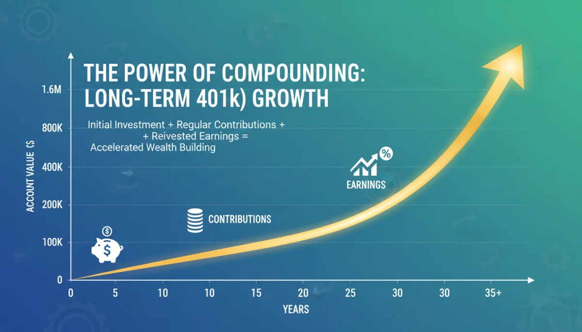 Graphic showing compounding interest growth in 401(k) investments