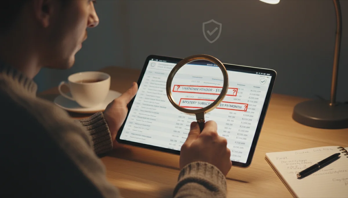 Person reviewing credit card statement for suspicious activity, illustrating fraud monitoring.